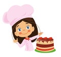 Cute chef girl preparing strawberry cake