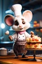 Cute chef mouse confectioner holds a cake in his hands at the kitchen