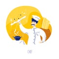 Cute chef with a mustache twirls pizza dough in the air in the kitchen. Vector culinary banner