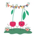 Cute cherries couple in the garden kawaii characters