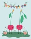 Cute cherries couple in landscape kawaii character