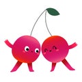 Cute cherry berries characters in love, dancing holding hands, kawaii cartoon characters isolated on white background