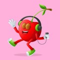 Cute cherry character listening to music