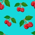 Cute cherry seamless pattern. Good for textile, wrapping, wallpapers, Sweet red ripe cherries isolated on blue background. Gouache