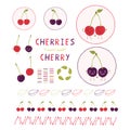 Cute cherry vector illustration clipart set. Hand drawn kawaii cherries leaf