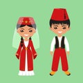 Cute chibi characters in national Turkish costume. Flat cartoon style copy