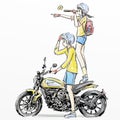 Cute boy and girl riding scooter