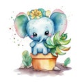 Cute chibi happy elephant with succulent plants in colorful vivid colors, detailed, watercolor Royalty Free Stock Photo