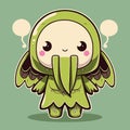 Chibi Cute Isolated Cartoon Cthulhu with Wings, Ceremonial Robe, & Speech Bubbles. Vector Art