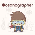 Cute chibi kawaii characters. Alphabet professions. Letter O - Oceanographer