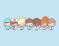 Cute chibi kawaii characters profession set. Hospital medical staff team doctors on blue background. Royalty Free Stock Photo