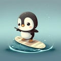 Cute chibi pinguin on sup board cartoon chibi style, AI generative