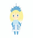 Cute chibi Snow Maiden in a blue dress. Christmas illustration of funny little girl with blond hair