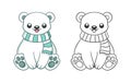 Cute chibi snow polar bear wearing a scarf outline and colored doodle cartoon illustration set. Winter Christmas theme coloring