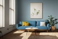 Cute Chic Blue Spring Modern Interior with Blue Sofa Couch and Floral Wall Art