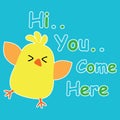 Cute chick on blue background cartoon, children postcard and T-shirt design for kids Royalty Free Stock Photo