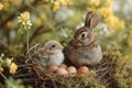 Cute chick and a bunny nest with pastel Easter eggs. Generate ai