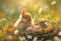 Cute chick and a bunny nest with pastel Easter eggs. Generate ai