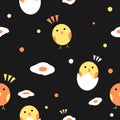 Cute chick and fried egg seamless pattern in black background for fabric print