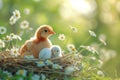 Cute chick in a nest with pastel Easter eggs. Generate ai