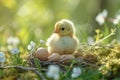 Cute chick in a nest with pastel Easter eggs. Generate ai