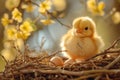 Cute chick in a nest with pastel Easter eggs. Generate ai