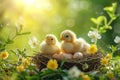 Cute chick in a nest with pastel Easter eggs. Generate ai