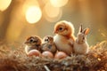 Cute chick and a bunny nest with pastel Easter eggs. Generate ai