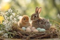 Cute chick and a bunny nest with pastel Easter eggs. Generate ai