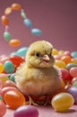 Adorable Fluffy Chick Surrounded by Colorful Jelly Beans for Easter Celebration Royalty Free Stock Photo