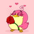 Cute Chickadee Bird Cartoon Character Holding A Rose