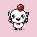 Cute chicken animal cartoon character holding a fork and spoon ready to eat Royalty Free Stock Photo