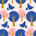 Cute chicken and colorful trees in a seamless pattern design Royalty Free Stock Photo