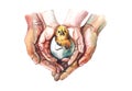 A cute chicken in an egg in the hands of a mother and child, as a symbol of the birth of life.