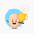 Cute chicken egg mascot lifts the trophy Royalty Free Stock Photo
