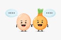 Cute chicken eggs and onion mascot holding hands Royalty Free Stock Photo