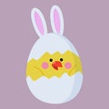 Cute chicken in an eggshell with rabbit ears. multicolored vector clipart. Easter card, happy Easter. Royalty Free Stock Photo