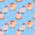 Cute chicken farm on blue color background seamless pattern. Royalty Free Stock Photo