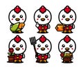 Cute chicken farmer character design set with agricultural equipments