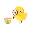 Cute chicken going to Easter egg hunt. Cartoon funny chick with magnifier. Isolated character for spring seasonal design Royalty Free Stock Photo