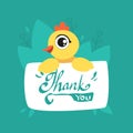 Cute Chicken Holding Card with Thank You Massage, Adorable Bird with Placard Vector Illustration