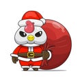 cute chiken wearing santa costume and carrying santa bundle bag, animal mascot in christmas costume