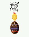 Flat vector with chicken in style kawaii standing on the top of egg with written easter lettering phrase happy easter.