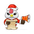 cute chicken wearing santa costume holding megaphone and reading script ad, cartoon animal mascot in christmas costume