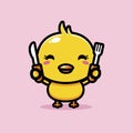 Cute chicks animal cartoon characters ready to eat by holding spoons and forks Royalty Free Stock Photo