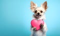 A cute Chihua dog holds a heart in its paws