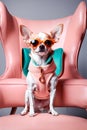 Cute Chihuahua dog with glass on a sofa in a luxe modern interior design