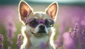 Cute chihuahua dog in glasses on lavender field