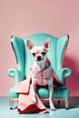 Cute Chihuahua dog in luxe modern interior on a turquoize luxe chair. Copy space. Adorable puppy. Advertisement, banner, poster,