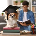 Cute chihuahua dog wear graduation hat, owner studying behind